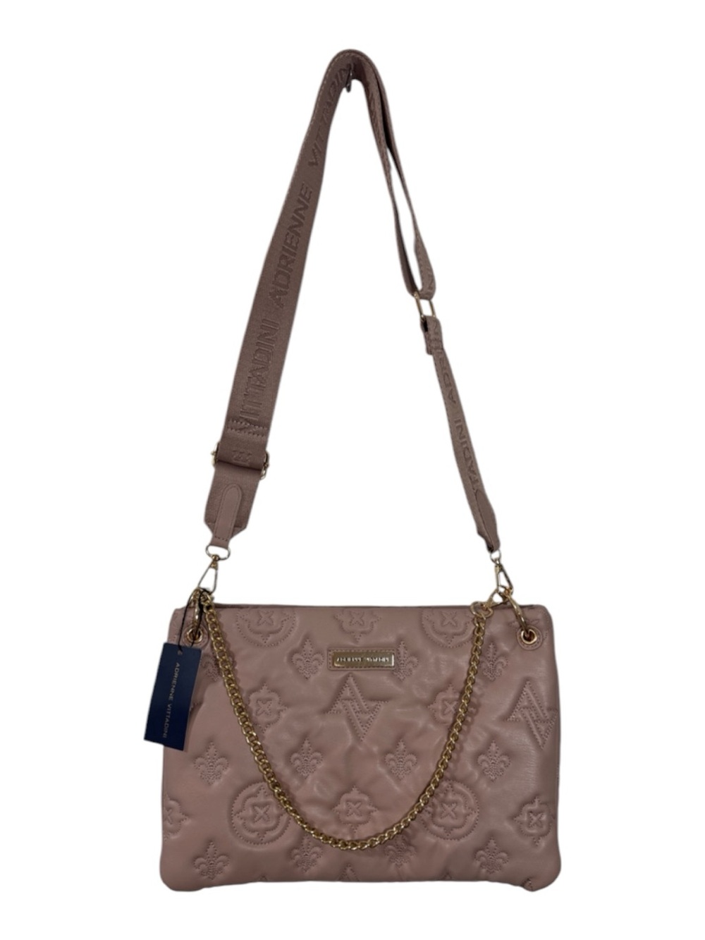 Adrienne Vittadini Quilted Dusty Pink Crossbody with Gold Chain